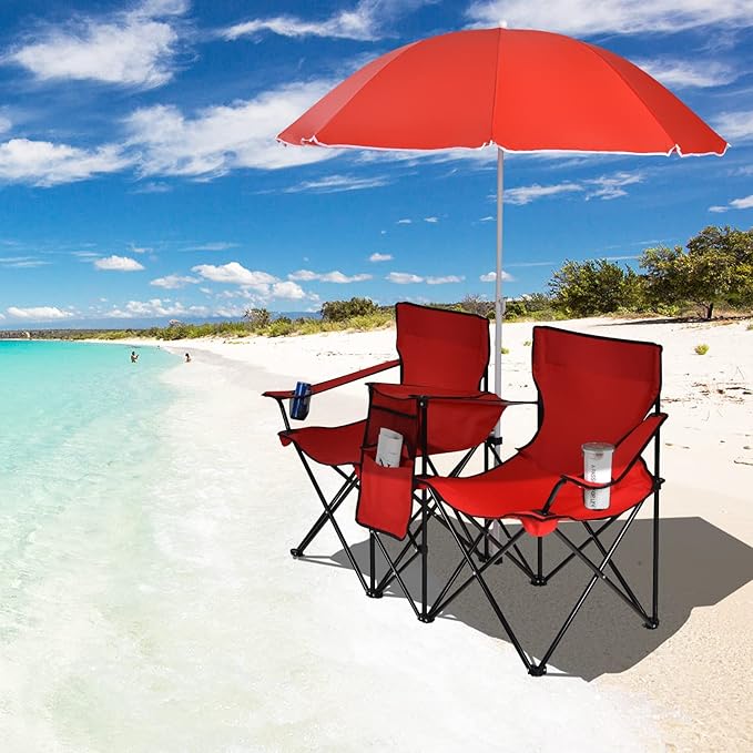KOTEK Double Camping Chair Folding Camp Chair with Removable Umbrella Cup Holders Cooler Bag Side Pocket &amp Carry Bag 2-Person Beach Chair for Outdoor Sports Concerts Travel Picnic (Red)