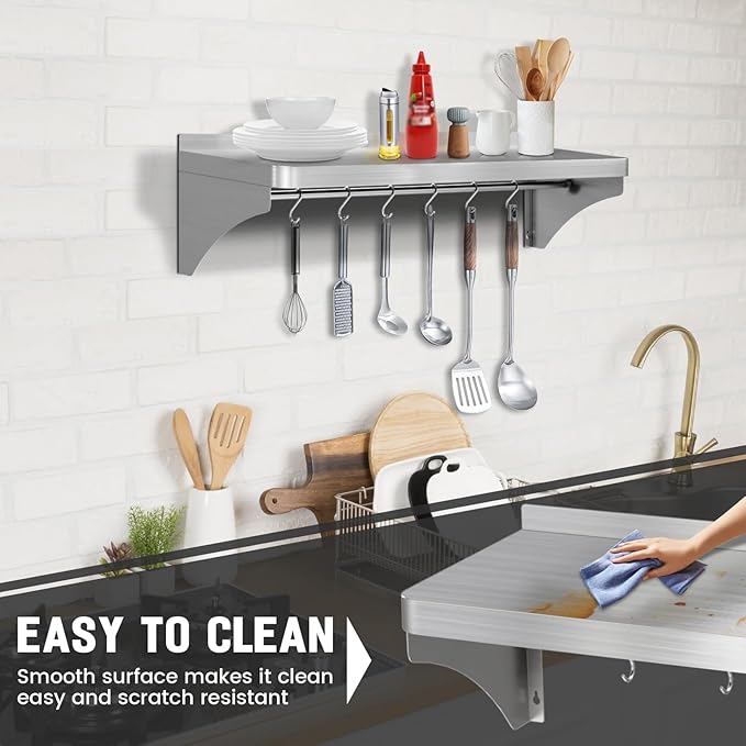 Commercial Stainless Steel Shelf 36 x 12 - 250lb Load Capacity Heavy Duty Stainless Steel Wall Mounted Kitchen Shelf with Backsplash &amp 6 Hooks for Restaurant Laundry