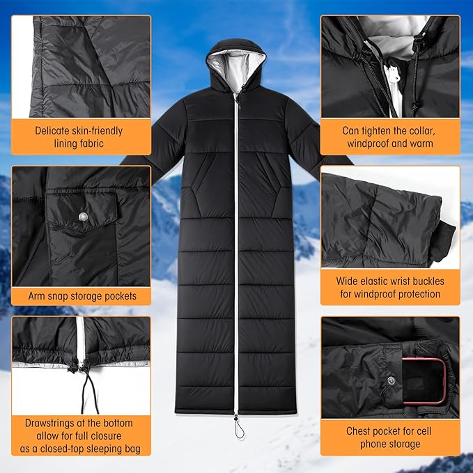 Macarrie Cold Weather Wearable Sleeping Bag for Adults with Sleeves and Hood 74 Inch Long 0 Degree Winter Weather Insulated Extreme Cold Sleeping Bag Coat for Camping Hiking Stadium
