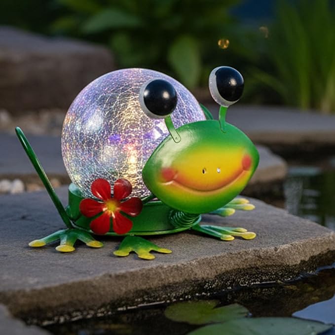 Solar Lights Outdoor Frog Garden Decor with Crackle Glass Globe Lights - Cute Metal Frog Decor for Yard Lawn Patio Porch Pathway Tabletop Housewarming Gifts for Mom Women