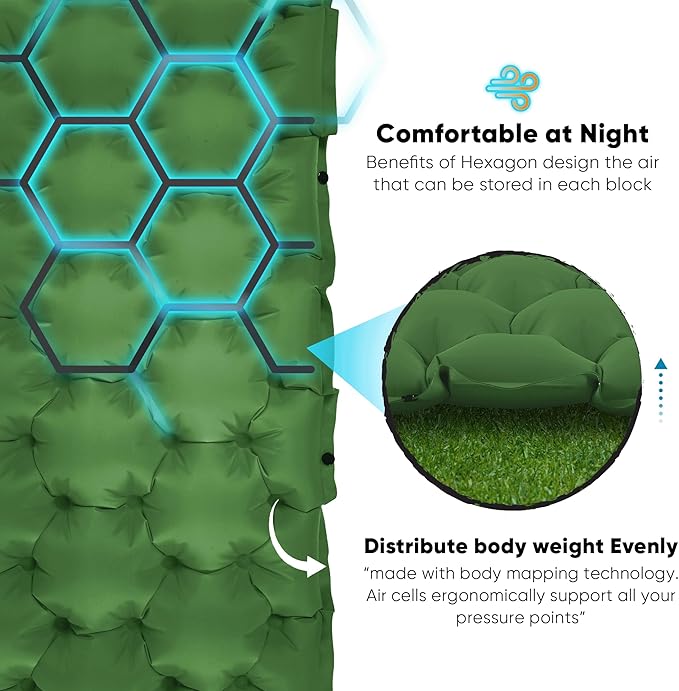 POWERLIX Double Camping Sleeping Pad Camping Pad for 2 Person with Pillow Built-in Foot Pump Inflatable Sleeping Pad for Camping Backpacking Hiking Portable Camping Mattress Green