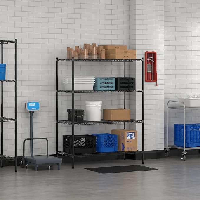 Commercial NSF Listed Black Epoxy Stationary Wire Shelving Kit 24 x 48 x 64 with 4 Shelves Perfect for Warehouse Walk-in Refrigerator Freezer Grocery Store Restaurant Dishroom