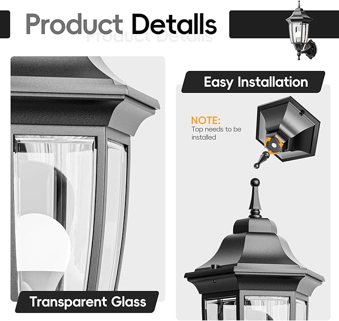 EMART Outdoor Front Porch Light Exterior Anti-Corrosion Waterproof Aluminum &amp Glass Shades Wall Lamp Fixture Modern Sconce Lantern for Outside House Garage - 2 Pack Black （Bulb Included）