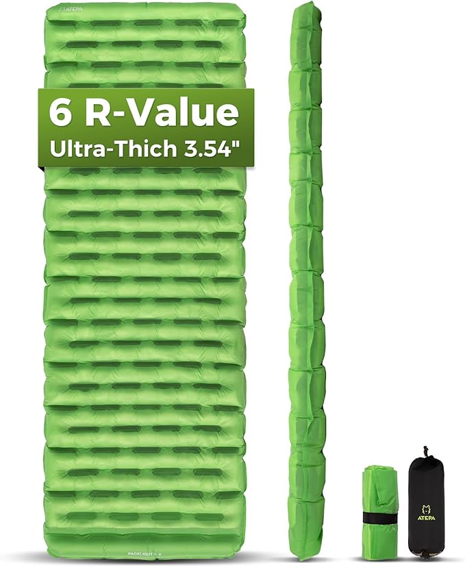 ATEPA ThermAir Backpacking Inflatable Sleeping Pad 6 R-Value Insulated Ultralight Portable Camping Pad Sleeping Mat with 7 Layers &amp Storage Bag for Camping Backpacking Tent Wide Long Size (72x2