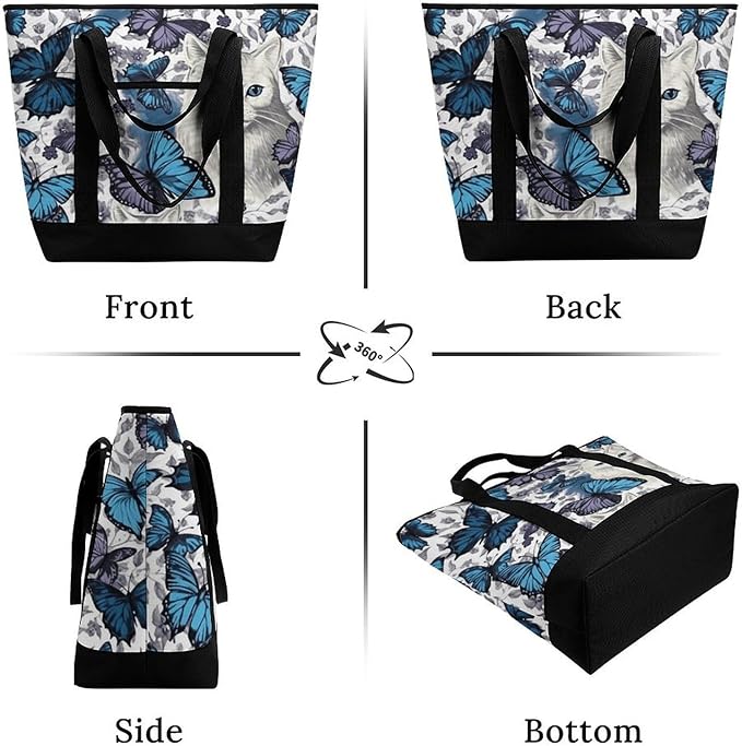 Insulated Shopping BagLarge Reusable Cooler Bags Blue Butterfly And White Cat Printed Foldable Shopping BagTravel Waterproof Shoulder Bag