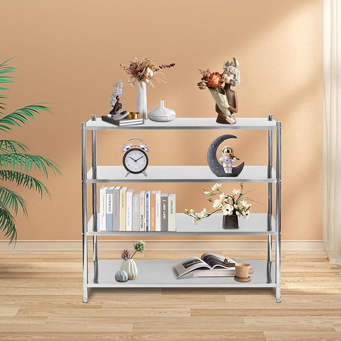 Stainless Steel Shelving 4 Tier Utility Bakers Racks Adjustable Shelf Storage Heavy Duty Shelving for Kitchen Commercial Office Garage Storage Laundry Room Organization (4-Tier 58*17.5* 58in)