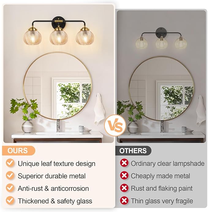 Bathroom Light Fixtures 3-Light Amber Vanity Lights with Unique Leaf Texture Glass Shade Modern Matte Black and Gold Bathroom Wall Lamp for Mirror Hallway Cabinet Living Room
