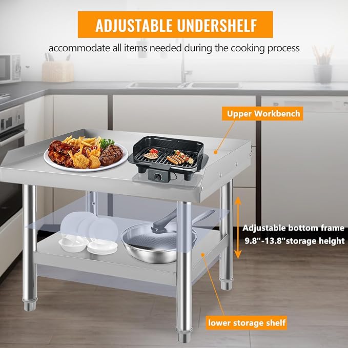 Stainless Steel 24x24x24 in Equipment Grill Stand Table 1000 LBS Top Shelf 220 LBS Bottom Shelf Adjustable Legs 2 in Edge Baffle for Hotel Home Commercial Restaurant Kitchen