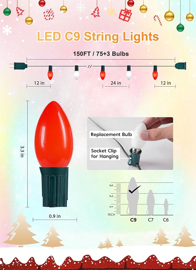 Vintage C9 LED Christmas Lights Outdoor 150 Feet C9 String Lights with 75 Shatterproof C9 Bulbs Waterproof Connectable Christmas Tree Lights for Outside Roofline Patio Xmas Decor Red &amp Pure Whi