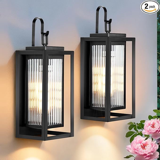 2 Pack Outdoor Wall Lights for House Exterior 18 Inch Large Black Modern Lantern with Dual Metal Frame &amp Textured Glass IP65 Waterproof (Bulbs Included)