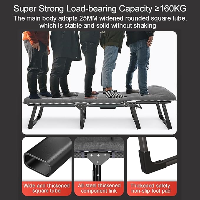 Portable Folding Camping Cot with 4 Speed Adjustment Heavy Duty Sleeping Cot Bed for Adults Outdoor Reclining Lounge Chair with Pillow 160KG Weight Capacity Ideal for Outdoor Travel.
