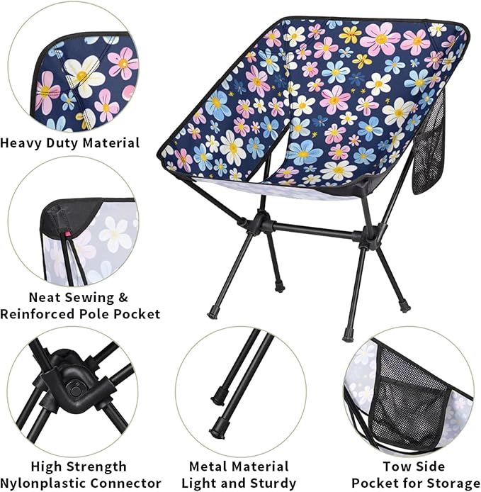 Honeybaby Folding Camping Chair Beautiful Floral Camping Chairs Lightweight Portable Chair Outdoor Foldable Chairs for Camping Travel Picnic Beach Hiking