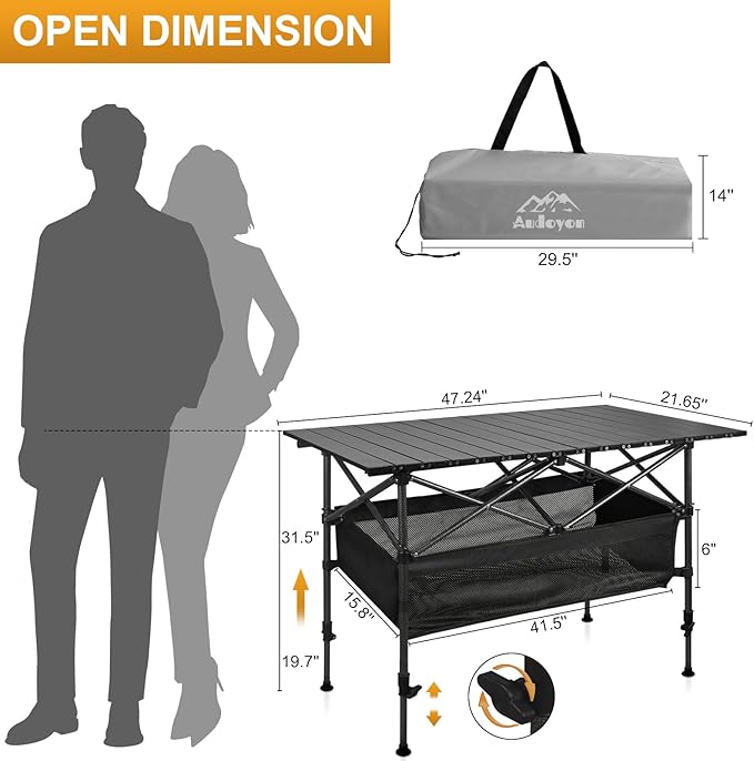 Folding Camping Table Outdoor Roll-up Table Height Adjustable &amp Portable Metal Camp Grill Table for Picnic BBQ Party Backyard Beach Mesh Storage and Carry Bag (Ash Black 47.24'' X-Large)