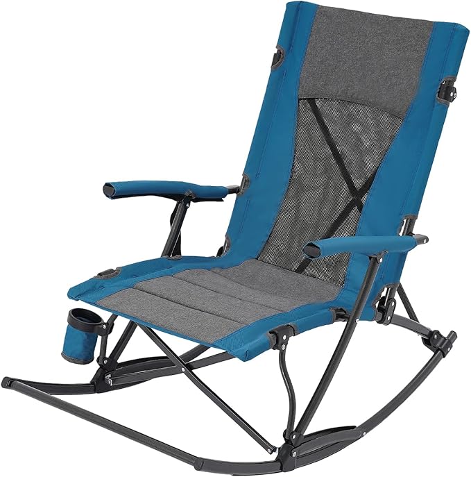 Folding Camping Rocking Chair Portable Outdoor Rocker Chair with Cup Holder for Picnic Outside Backyard Patio Lawn Garden