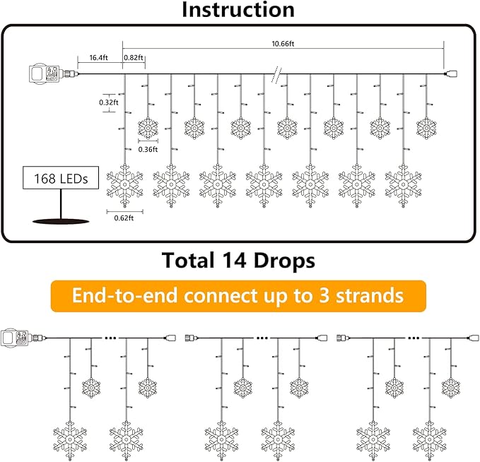 Christmas Snowflake Lights 10.66ft 168 LED Icicle Lights Outdoor with 14 Drops 8 Modes Waterproof Connectable Christmas Light for Eaves Wedding Garden Yard Indoor Outdoor Xmas Decorations (White)