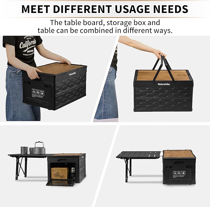 Naturehike Lispace Camping Table with Storage Box 50L Collapsible Trunk Organizer with Lid Folding Storage Bin for Camping Picnic Home
