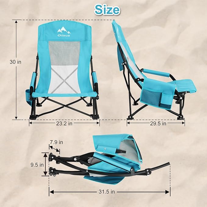 Oileus Folding Portable Beach Chair High-Back Low-Seat Lightweight Chair for Beach Tents Shelters and Camping Full Mesh Backrest | Cup Holder | Storage Bag | Carrying Bag | 2 Armrests