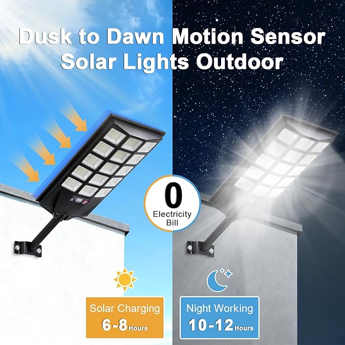 Jercoda Solar Lights Outdoor Waterproof 6500K Dusk to Dawn Solar Street Light Motion Sensor with Remote Solar Powered LED Security Flood Light for Outside Garden Yard Parking Lot Pathway 4PACK