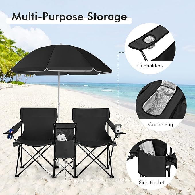 Giantex Double Camping Chair with Umbrella - Folding Picnic Loveseat with Carrying Bag Cooler Bag Table Side Pocket &amp Cupholder Portable Beach Chair for Camping Picnic Fishing Beach