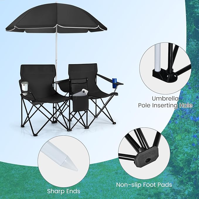 Double Camping Chair 2-Person Portable Beach Chair w/Removable Umbrella Cup Holders &amp Carrying Bag Folding Loveseat Chairs for Adults Outdoor Picnic (Black)