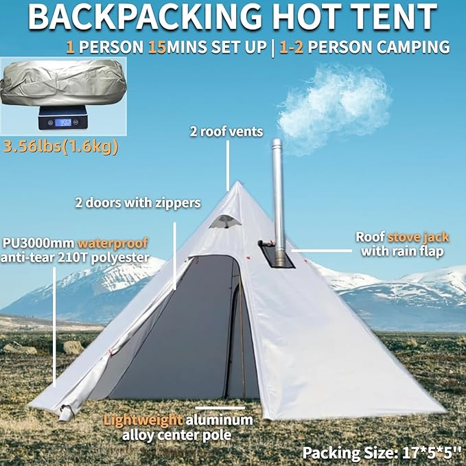 DANCHEL OUTDOOR Backpacking Hot Tent with Stove Jack 4 Season Lightweight Tipi Tent for 2/4/6 Person Winter Camping Hunting 10.5FT-16.4FT