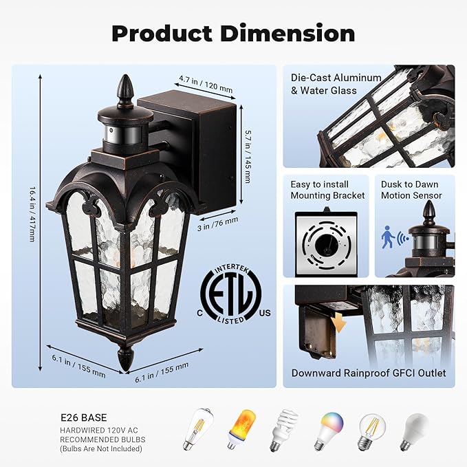 16.4 Motion Sensor Outdoor Lights with GFCI Outlet 2-Pack ORB Outdoor Porch Light with Water Ripple Glass 4-Modes Waterproof and Anti-Rust Dusk to Dawn Outdoor Lighting for Garage Patio