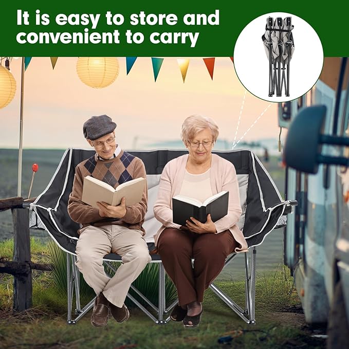 CDEN Padded Loveseat Double Camping Chair Camping Couch with Cup Holder Side Bag Wine Holder Carry Bag Foldable for Picnic Outdoors Travel (Black&ampGray