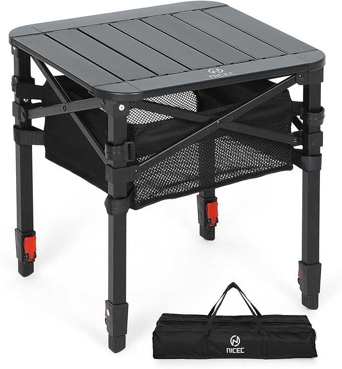 Nice C Aluminum Square Table Adjustable Height Folding Camping Table Lightweight Collapsible Table with Roll-up Tabletop Carry Bag for Outdoor Camping Picnic backyards BBQ (16'' Small)