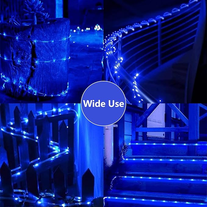 QITONG Blue Solar Rope Lights Outdoor 2 Pack Each 33ft 100LED String Light Fairy Lights in Clear Thin Tube with 8 Modes