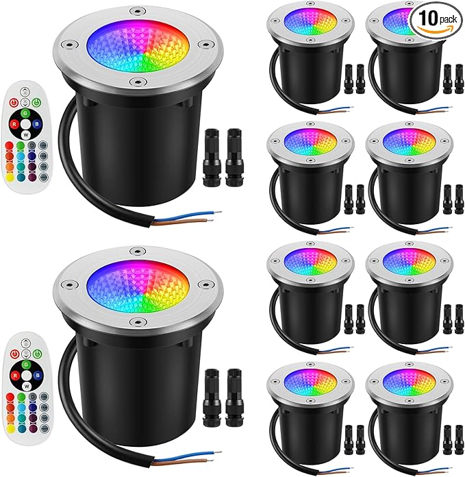 Junview Low Voltage Landscape Lights 10W RGBW Warm White LED Well Landscape Lighting Remote Control IP67 Waterproof Outdoor 12V-24V Pathway Deck Ground Lights(10Pack with Connectors)