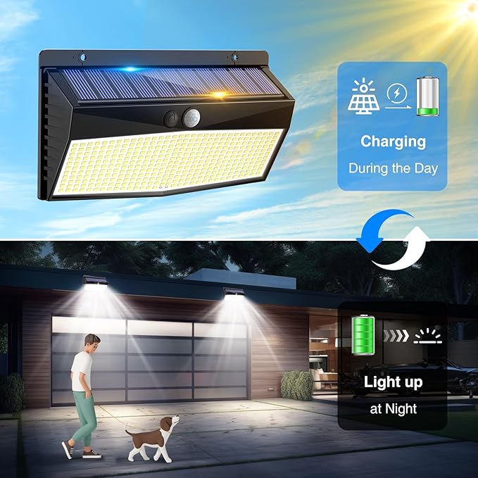 5 Pack 368 LED Solar Lights Outdoor Motion Sensor Solar Fence Light with 3 Lighting Modes Solar Powered Security Lights Waterproof for Outside Yard Wall Garden Backyard Step Garage