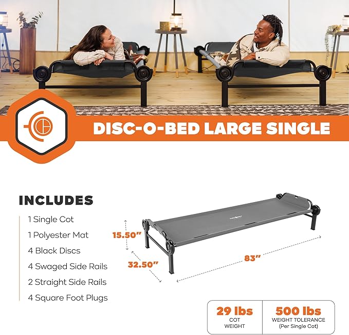 Disc-O-Bed Large Outdoor Modular 1 Person Single Camping Cot Portable Bed for Adults Sleep Solution for Tents Grey