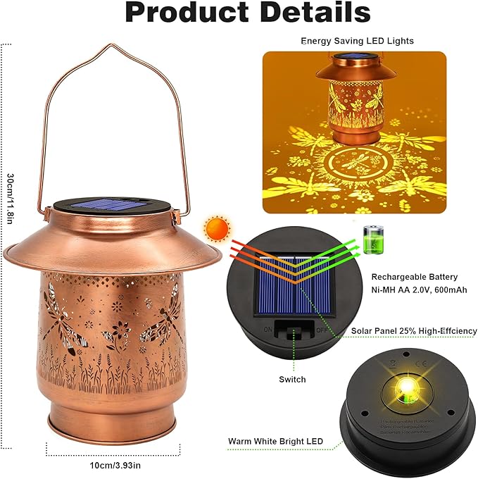Dragonfly Solar Lanterns Outdoor Waterproof  Garden Decor Birthday Gifts for Women Mom GrandmaMetal Hanging Solar Lights Outside Decorative for Yard Patio Backyard Pathway Porch