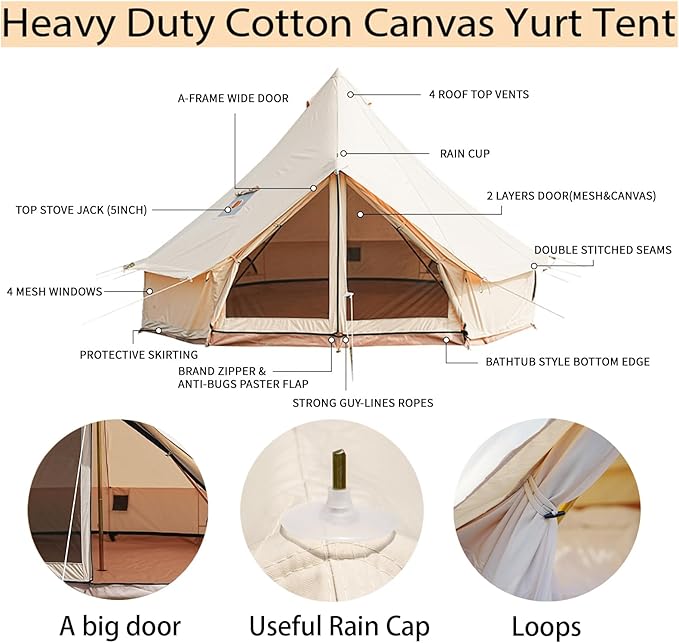 Glamcamp Bell Tent4 Seasons Breathable Cotton Canvas Yurt Tent - w/Stove JackLuxury Camping Tent OutdoorZipped Removable Floor