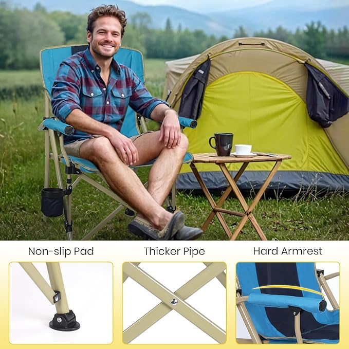 XGEAR Camping Chair with Padded Hard Armrest Sturdy Folding Camp Chair with Cup Holder Storage Pockets Carry Bag Included Support to 400 lbs