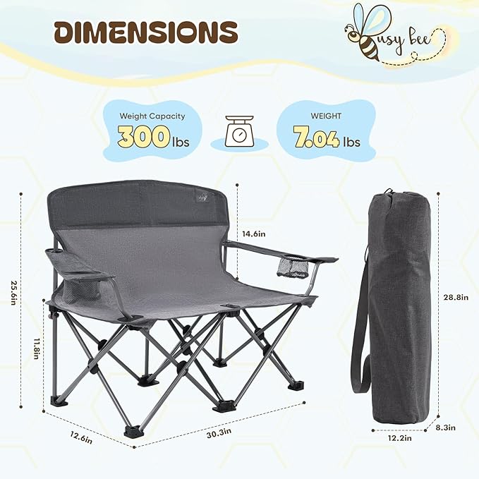 Busy Bee Kids Camping Chair 30.3 Wide Loveseat Perfect Child Couch for Home Movie Nights Patios or Picnics Adjustable Arms Cup Holders and Anti-Collapse Lock Supports up to 300 Lbs.