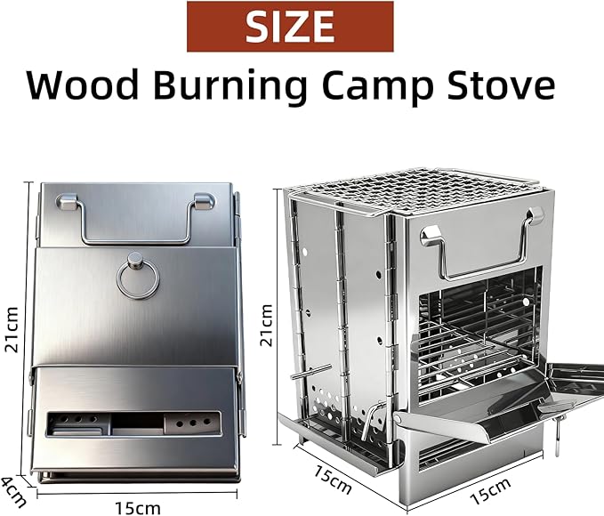 Wood Burning Camp Stove Folding Stainless Steel Barbecue Stove Portable Small Backpacking Grill for Outdoor Camping Cooking Picnic BBQ 15 x 15 x 20 cm