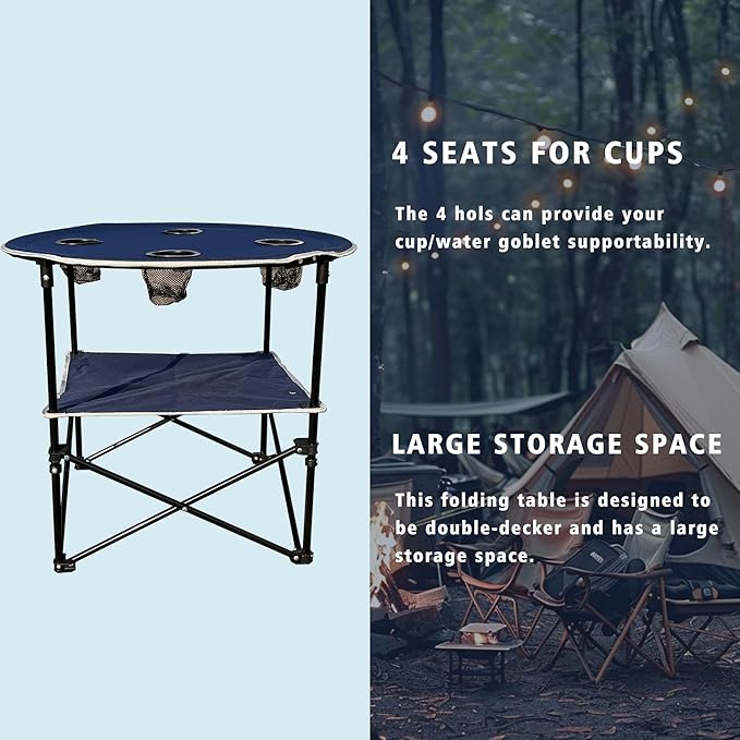 Camping Table &amp Beach Table – Portable 2-Tier Foldable Table with 4 Cup Holders &amp Carry Bag Lightweight Waterproof Oxford Fabric for Outdoor Adventures Picnic Tailgating and Fishing
