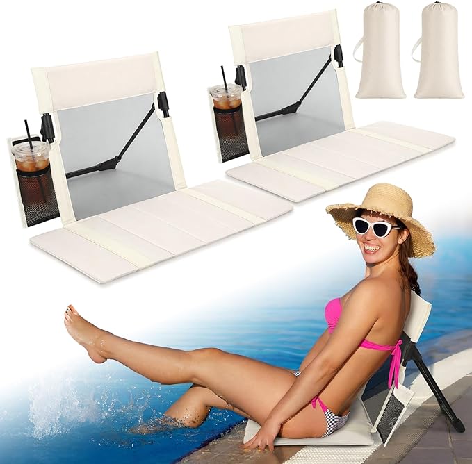 Novabright 2 Pcs Large Foldable Pool Chair Portable Poolside Breathable Seat with Cup Holder Beige Folding Flip Chairs for Edge of Pool Beach Poolside Camping Picnic Accessories