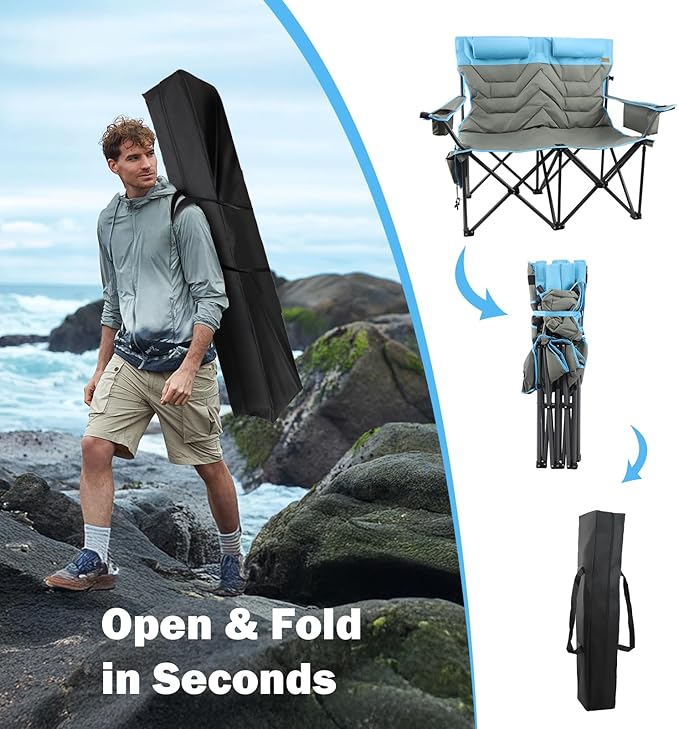 Oversized Double Camping Chair Heavy Duty Camping Loveseat Extra Tall 2 Person Lawn Chair for Adults Foldable Camping Chairs with Cup Holders Perfect for Outdoor Sports Backyard(Bluegray)