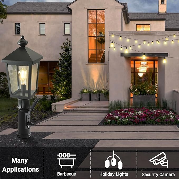 Outdoor Post Light with GFCI Outlet Dusk to Dawn Aluminum Pole Lantern with Built-In Weatherproof Socket IP65 Waterproof Post Light Fixture with Clear Glass Shade Black for Yard Pathway Garden