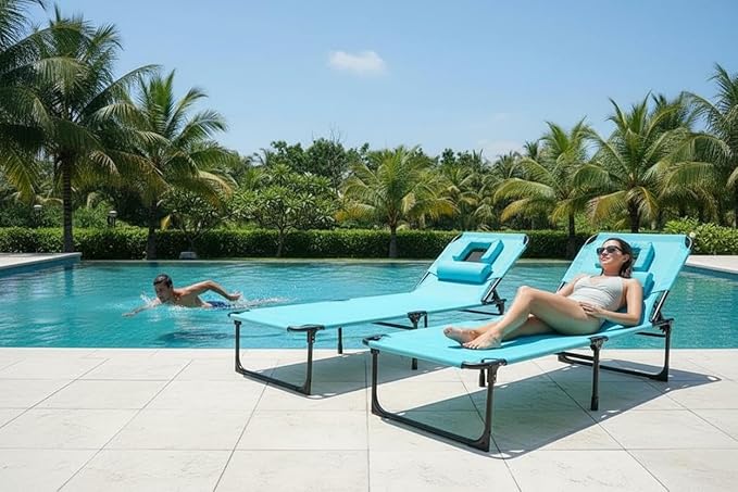 Tanning Chair with Face Hole Folding Beach Lounge Chair 5-Position Adjustable Backrest Face Down Chaise Lounge with Pillow and Side Pocket Portable for Pool Patio Backyard Beach Blue