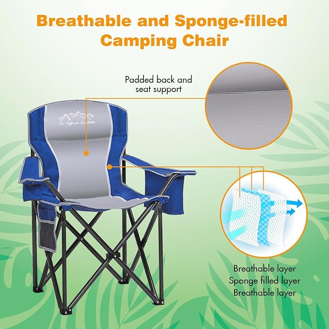 Folding Camping Chair Portable Outdoor Heavy Duty Padded Chairs Lawn Chair with Cup Holder Storage Pocket and Cooler Bag Supports 480LBS Blue