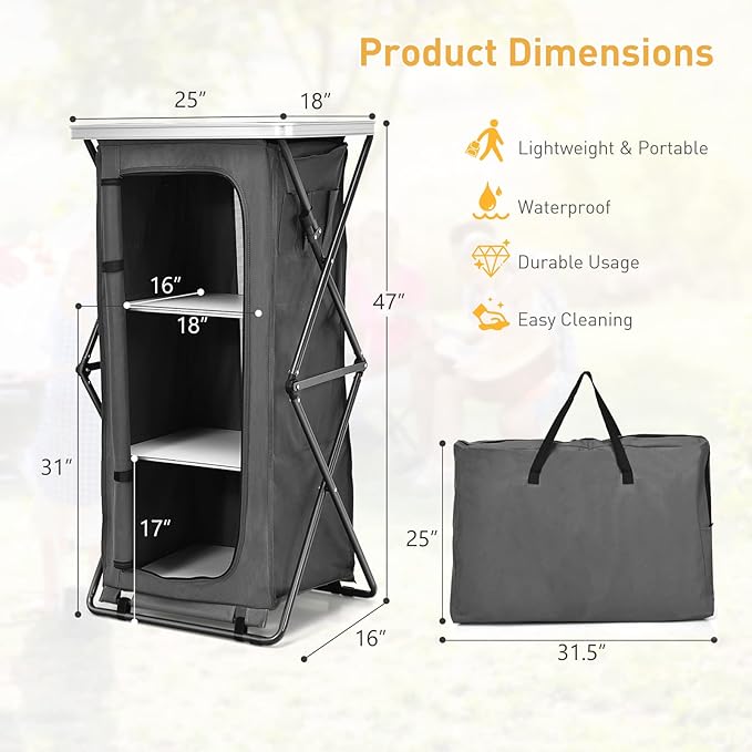 Goplus Folding Camping Storage Cabinet Pop Up Outdoor Camping Kitchen Station with Large 3-Tier Storage Organizer Carry Bag Easy Set Up Portable Compact Camping Table for BBQ Picnic Backyard (47'')