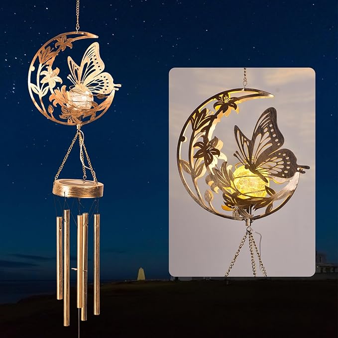 Butterfly Wind Chime for Outside - Elegant Moon &amp Floral Design Handmade Aluminum Wind Chimes for Garden/Lawn Soothing Porch Bells Perfect Mother's Day/Birthday Gift for Women Butterfly Collect