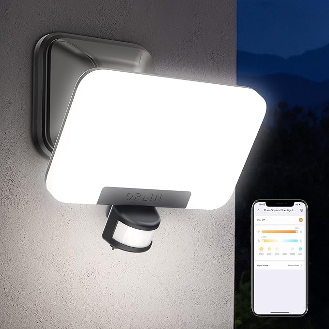 OREiN Smart Flood Lights Outdoor 2700K-6500K CCT Dusk to Dawn LED Security Lights with APP Control 24W=200W. 1%-100% Brightness IP65 Waterproof Bluetooth Conncected Floodlight 1 Pack (Hardwired)