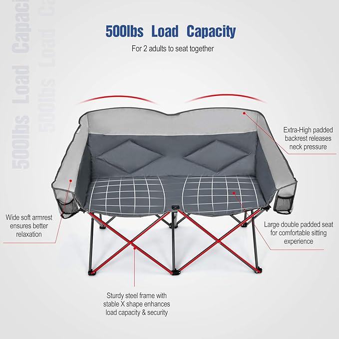 Loveseat Camping Chair Double Folding Chair Support 500 LBS Heavy Duty for 2 Adults Oversize Camp Seat with Storage Bags Backrest Padded Wide Camp Seat for Outside Picnic Beach (Grey)