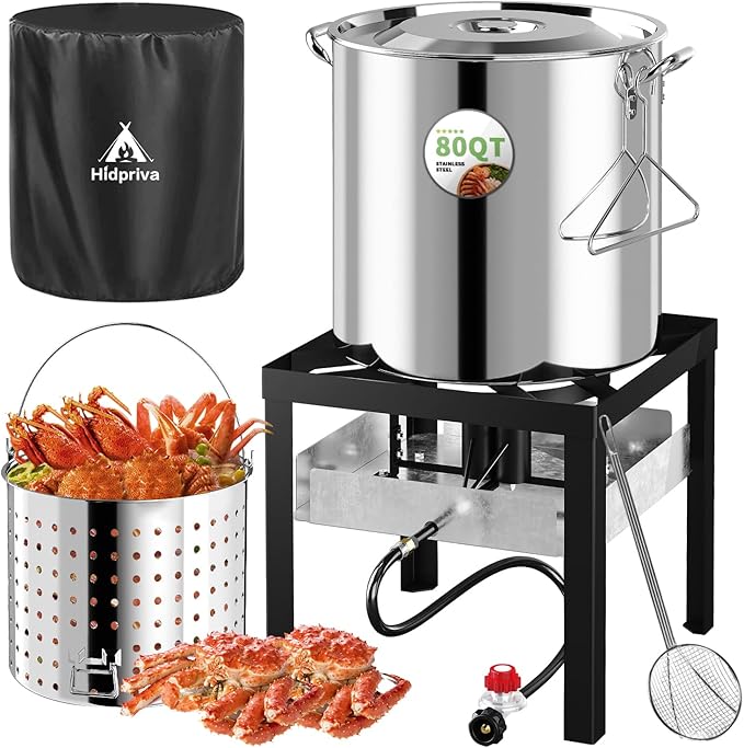 Stainless Steel 80QT Crawfish Boiler Kit Waterproof Cover &amp 18-inch Skimmer 110000BTU Propane Burner Stove 0-20PSIG Regulator Seafood Boil Pot Crab Boil Pot with 60QT Basket