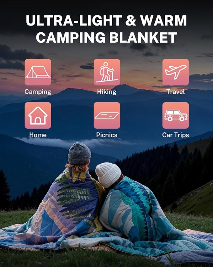 Gonex Camping Blanket with Aero-Warmth Tech Layer Puffy Printed Packable Blanket Ultralight &amp Warm Wearable Water-Resistant Quilt for Outdoor Camping Hiking Travel Picnics 79 X 55(Sunset)