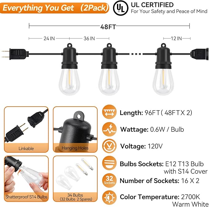 96FT Total LED Outdoor String Lights 2-Pack Dimmable Commercial Grade S14 Bulbs IP44 Weatherproof &amp Shatterproof for Large Patio Cafe Event